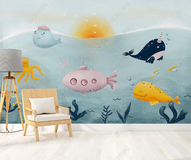 3D Northern Europe Hand-Painted Sea World Dolphin Whale Wall Mural Wallpaper Sww1634