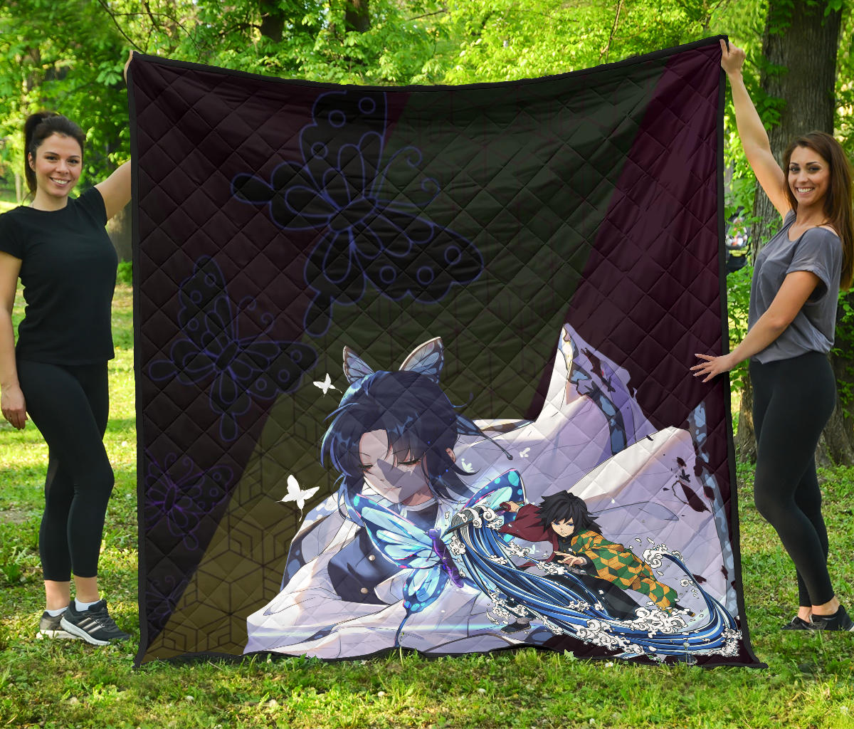 Demon Slayer Anime Premium Quilt – Pretty Shinobu Butterflies With Giyuu Wave Quilt Blanket