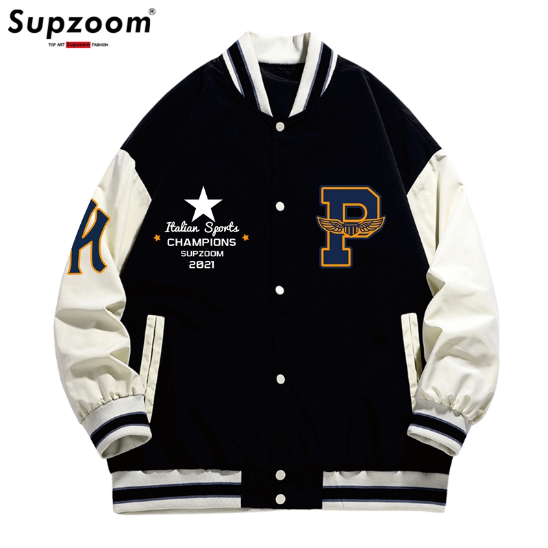 Supzoom 2022 New Arrival Letter Rib Sleeve Top Fashion Logo Single Breasted Casual Bomber Baseball Jacket Loose Cardigan Coats alx