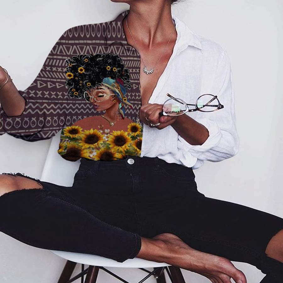 Black Women Sunflower Print Long Sleeve Shirt