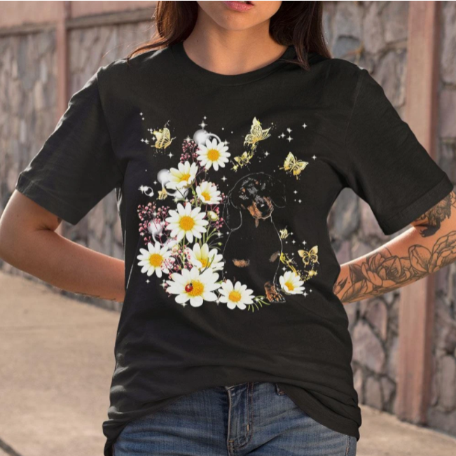 Dachshund Dog Butterfly And Flower Cute dog Gift Dog Lovers T shirt