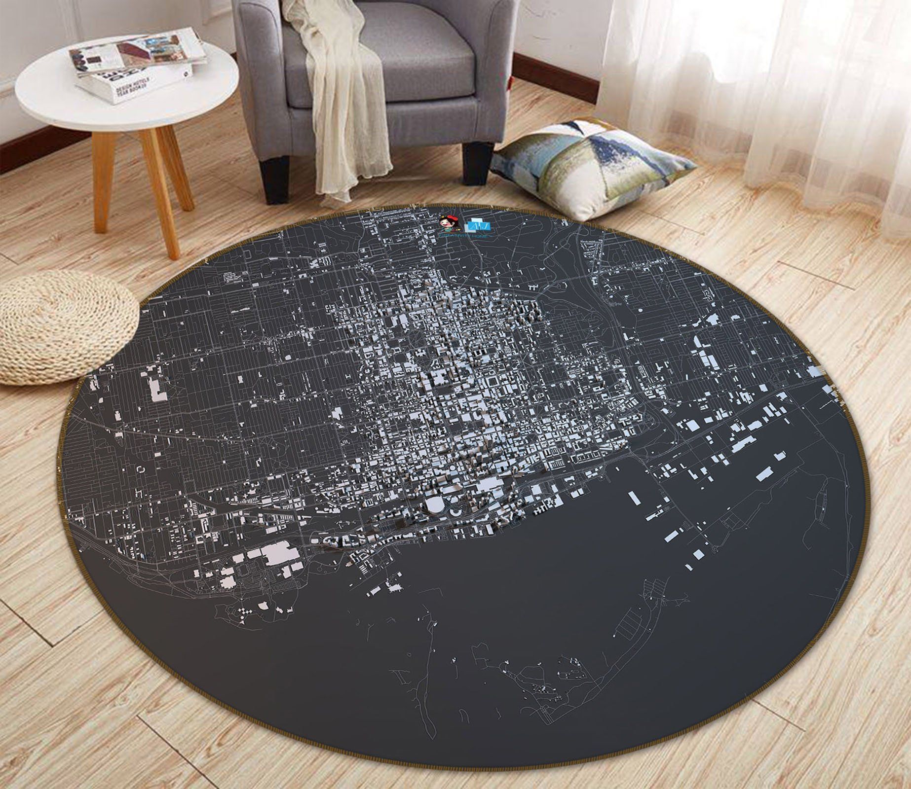 3D Black White Map 73030 Round Rug – Round Carpet Home Decor