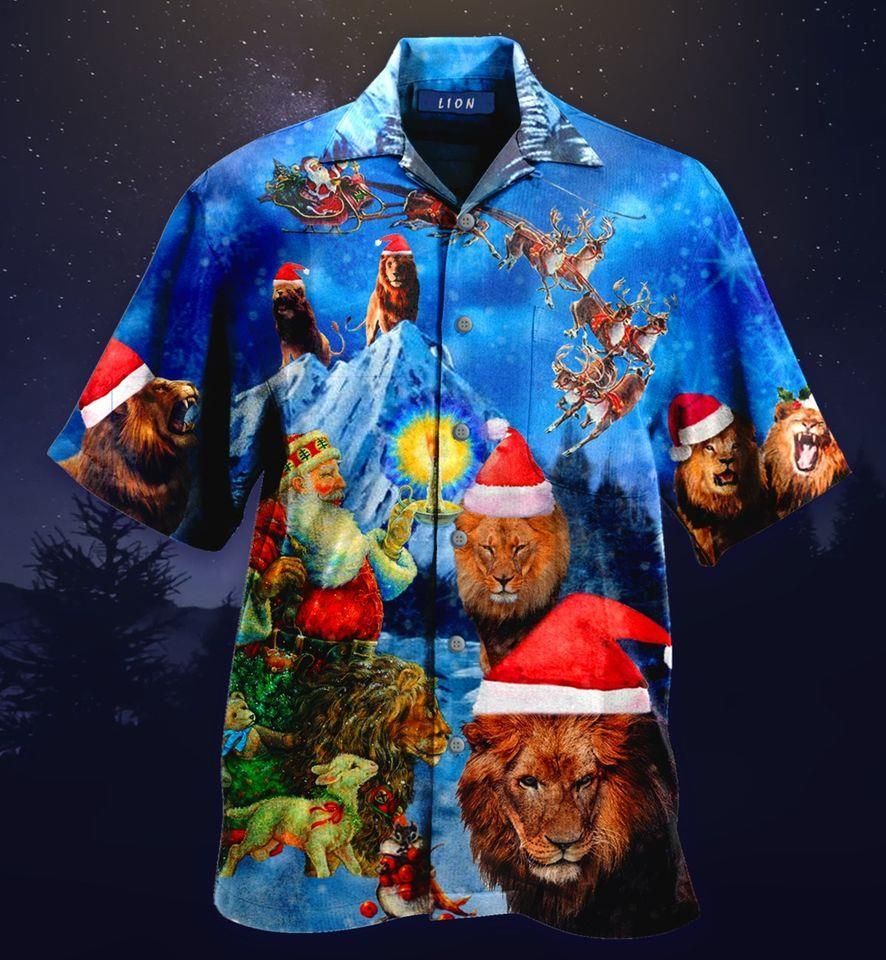 Find Funny Santa Lion Blue Hawaii Aloha Shirts Ha103621