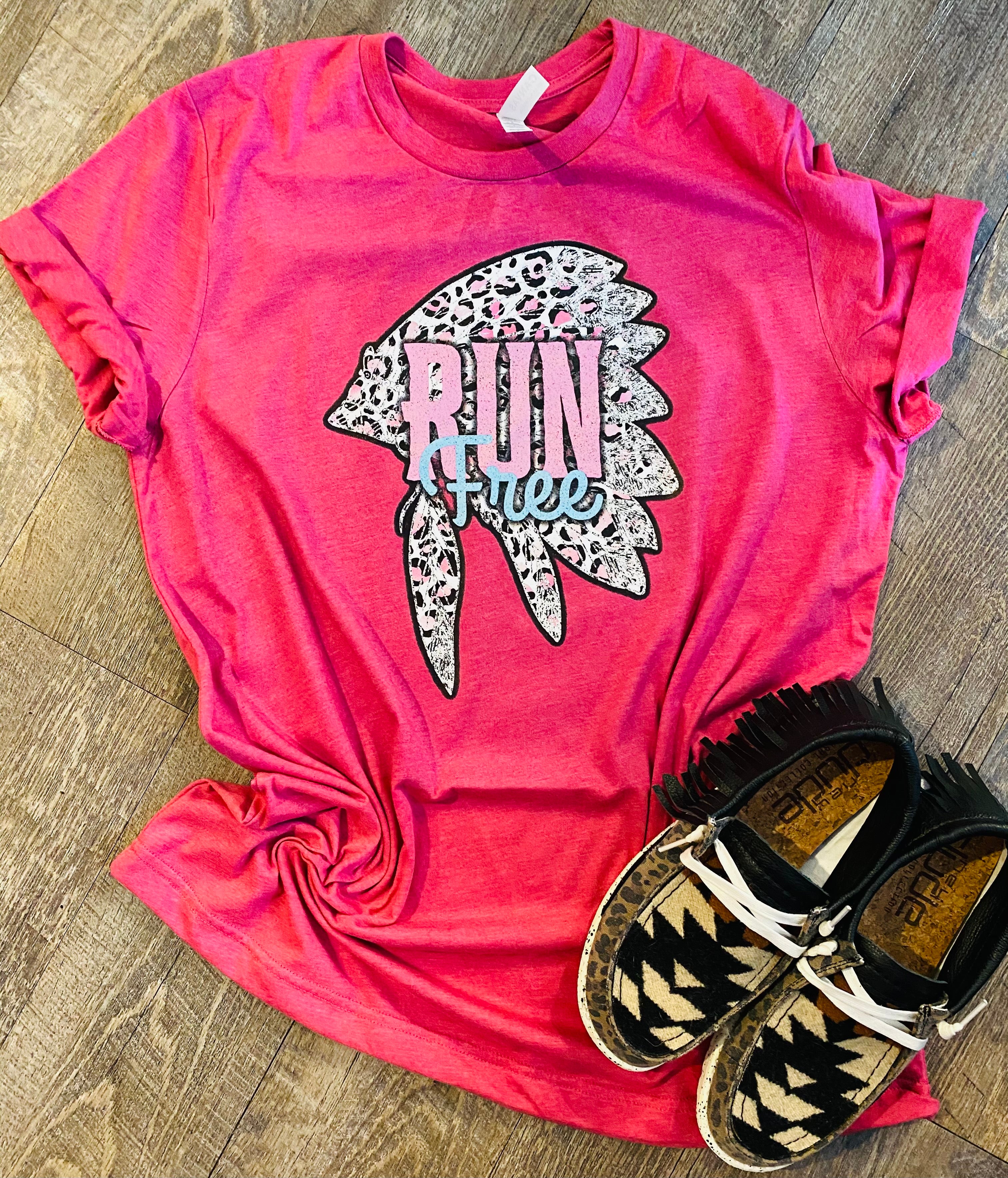 Run Free Leopard Headdress Hot Pink Graphic Tee Long Sleeve Crew Or Hoodie