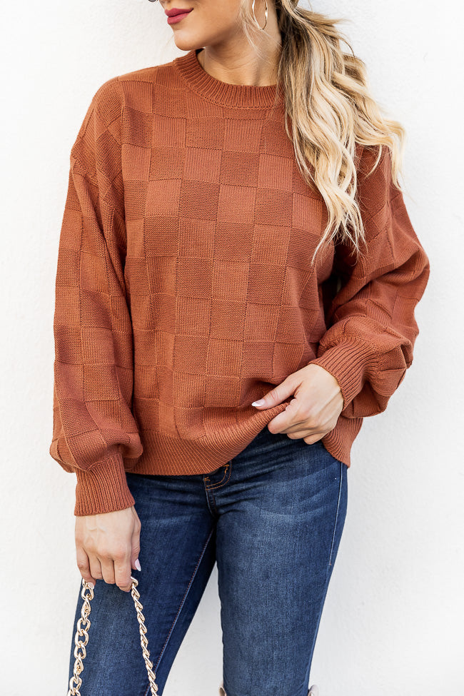 Without A Care Rust Checkered Crew Neck Sweater