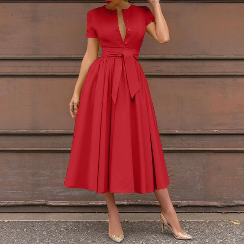 ZANZEA Women Summer Sundress Elegant Short Sleeve A-Line Dress Casual Fashion Solid Belted Robe Femme Party Evening Midi Vestido alx