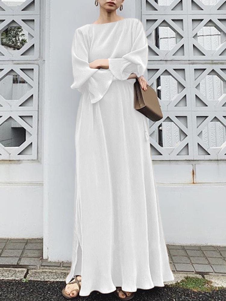 2022 New Fashion Women’s Dress Spring Summer White Solid Plus Size Loose Fresh Elegant Round Neck Sleeve Long Dresses alx