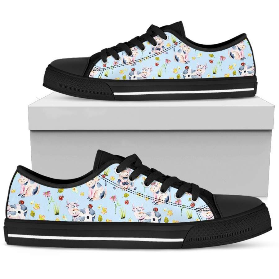 Watercolor Cartoon Cow Pattern Print Women’s Low Top Shoes