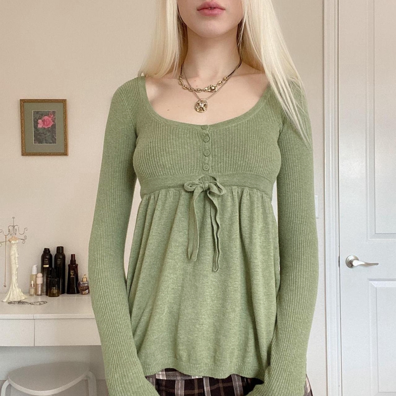 2000s Retro Green Knitted Sweaters Autumn Front Tie Up Button Full Sleeve Pullovers Chic Women Cute Milkmaid Tops Y2K T-shirt alx