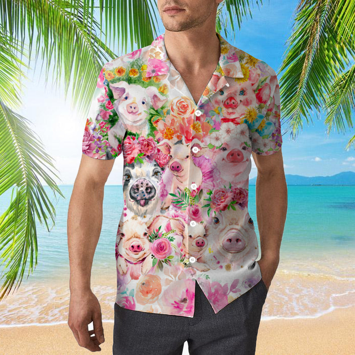 Watercolor Pig Flower Tropical Hawaiian Shirt | For Men & Women | Hw372