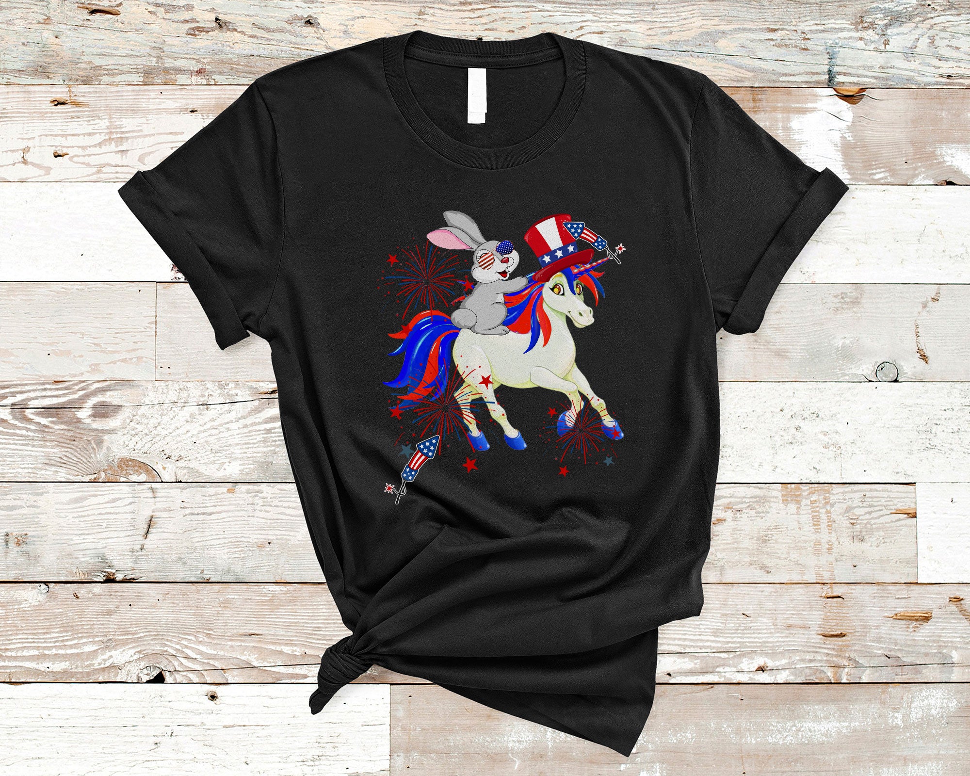 4Th Of July Shirt Bunny Ridding Unicorn Cool American Pride Firework Bunny Unicorn Lover T-Shirt