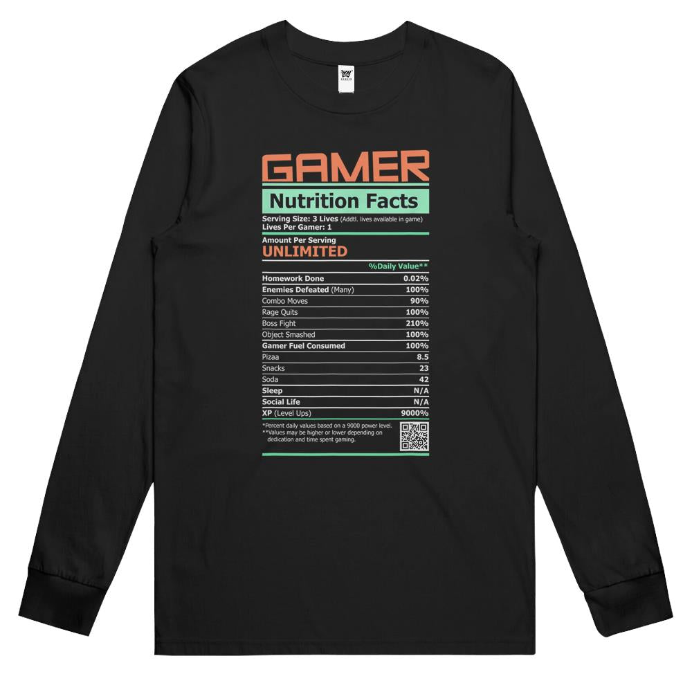 Nutritional Facts Shirt, Gamer Nutrition Facts Shirt, Gamer Nutritional Facts Label Funny Graphic Long Sleeve T Shirts