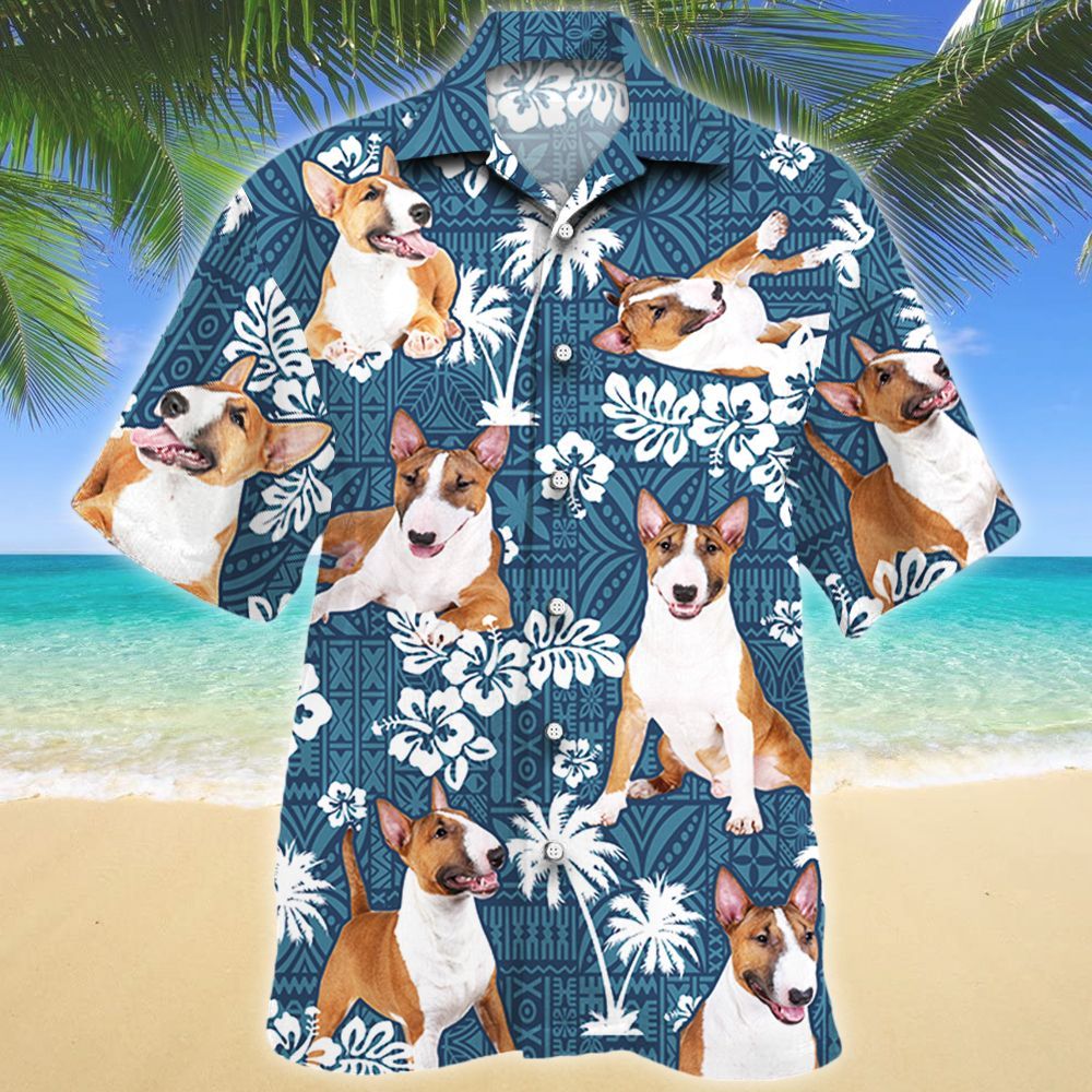 Miniature Bull Terrier Dog Blue Tribal Pattern Hawaiian Shirt Ha69102