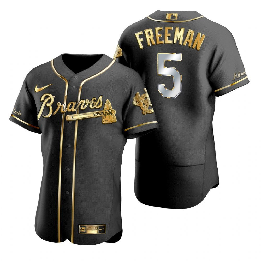 Atlanta Braves #5 Freddie Freeman MLB Golden Brandedition Black Jersey Gift For Braves Fans