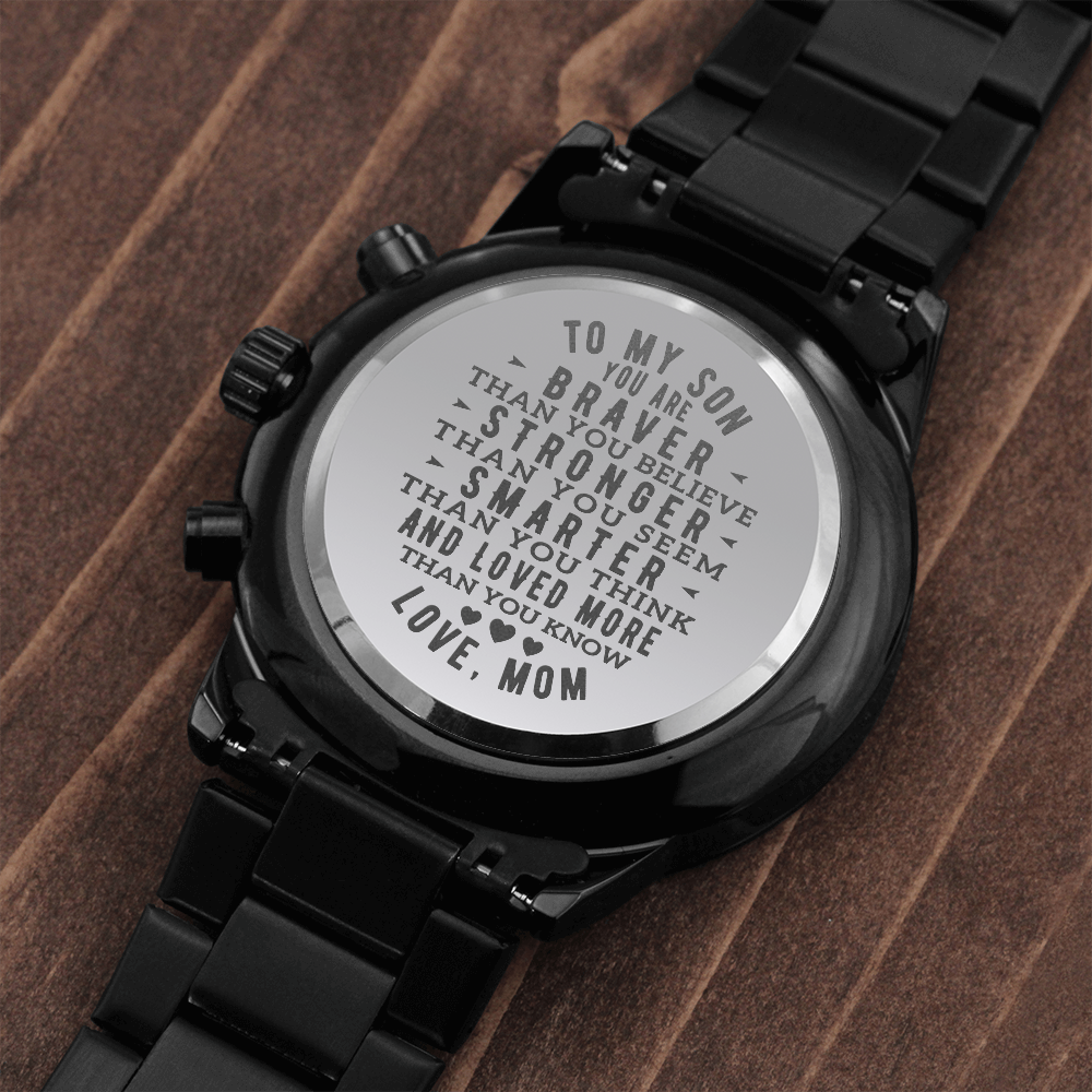 My Son Forever – Love Mom, To My Son Gift Watch – Gift For Son, Groom On Wedding Day Love From Mom Engraved Personalized Black Stainless Steel Chronograph Watch, Personalized Christmas Gift For Son, Unique Gift From Father Watch From Mom