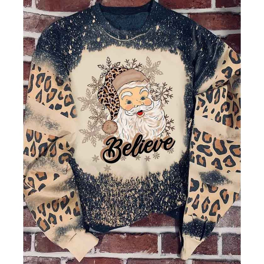 Santa Claus Believe Christmas Noel Leopard Mix 3D Hoodies Shirt Ugly Sweater