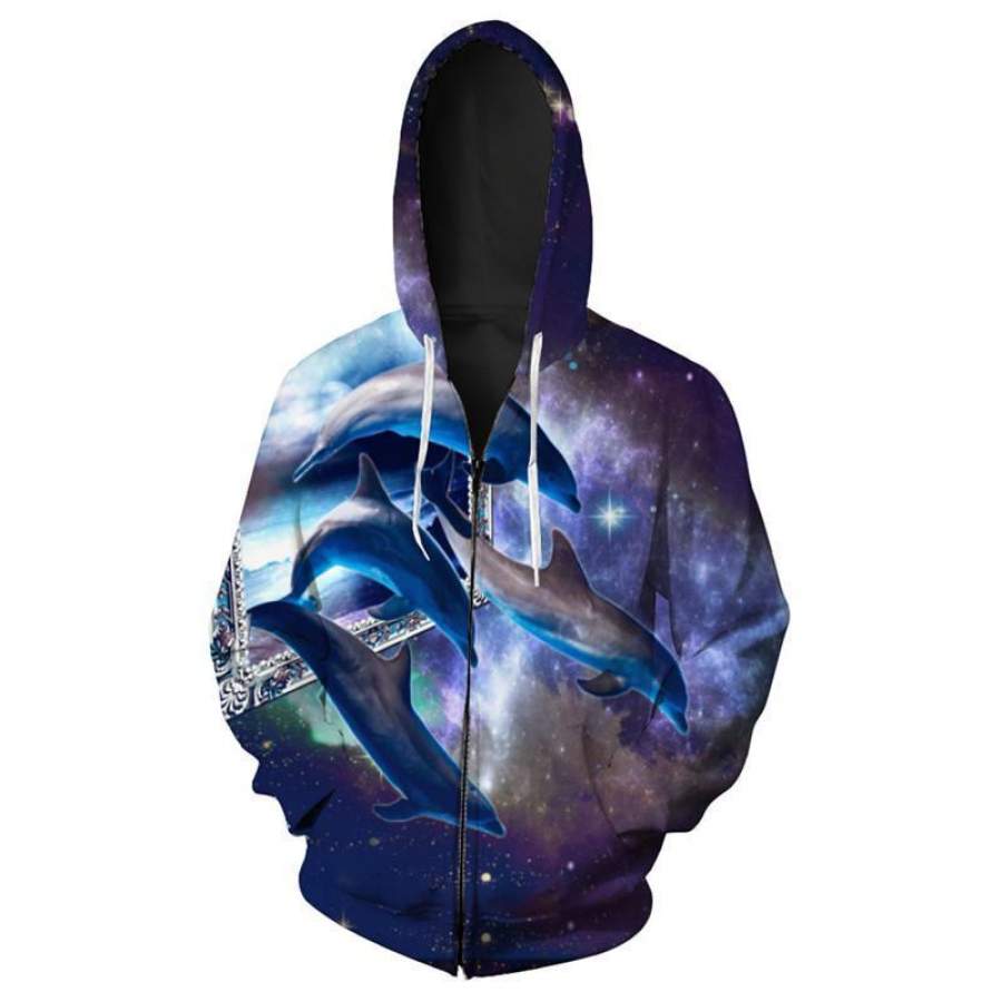 Funny Stars Crossing Dolphin Print Fashion Zip Hooded Sweatshirt Men’s Sportswear