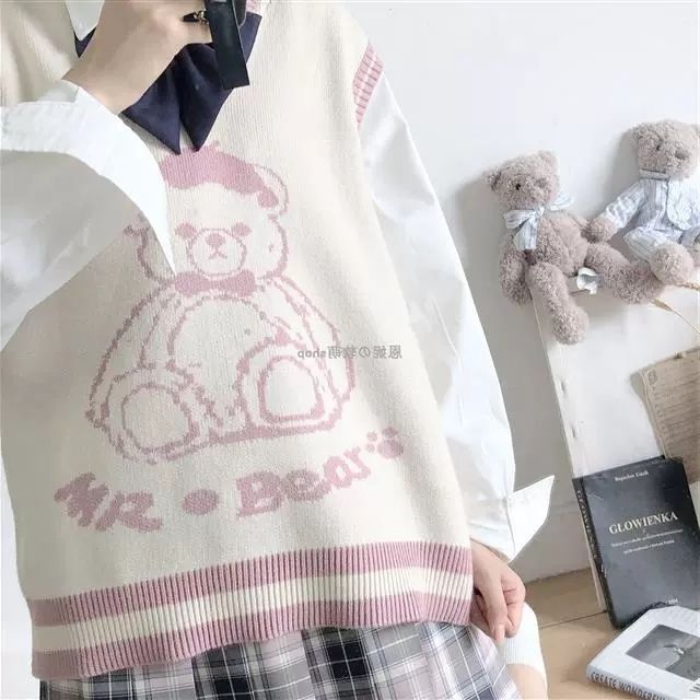 Casual Sweater Vest Women 2021 Winter Korean Preppy Style Cute Teddy Bear Sleeveless Pullover Thick Warm Knit Tank Top T641 alx