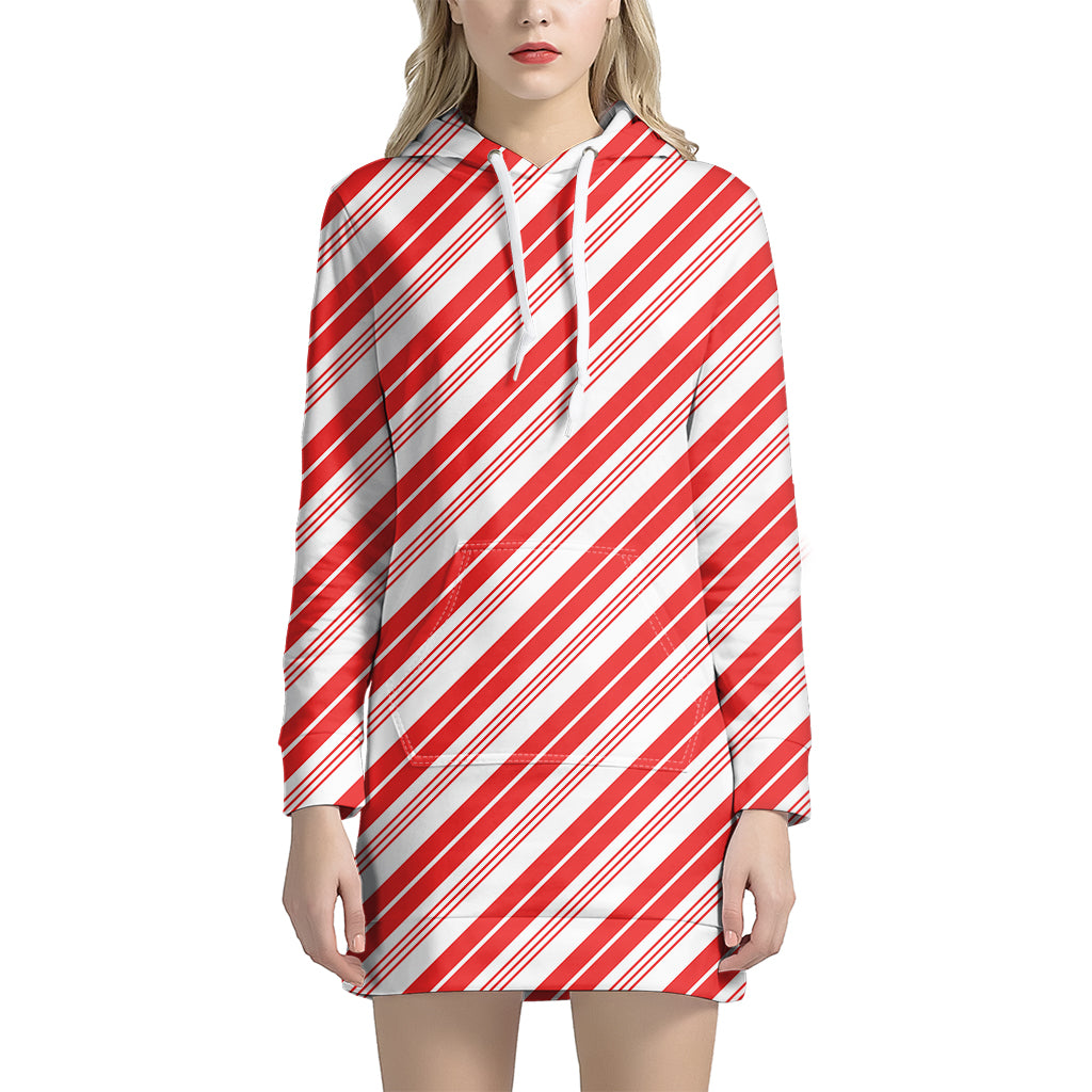 Red And White Candy Cane Stripe Print Women’S Pullover Hoodie Dress