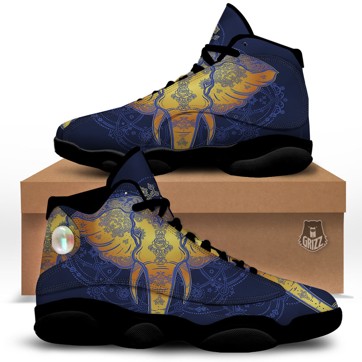 Tribal Elephant Gold And Blue Print Black Basketball Shoes