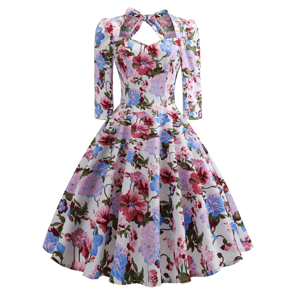 Sexy Sweetheart Neck Vintage Women Dress Pin up Swing Floral Half Sleeves Bowknot Vestidos Evening Party Rockabilly Retro Dress alx
