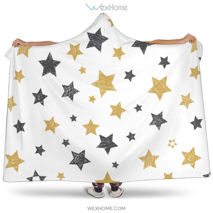 Hand Drawn Gold Black Star Pattern Hooded Blanket