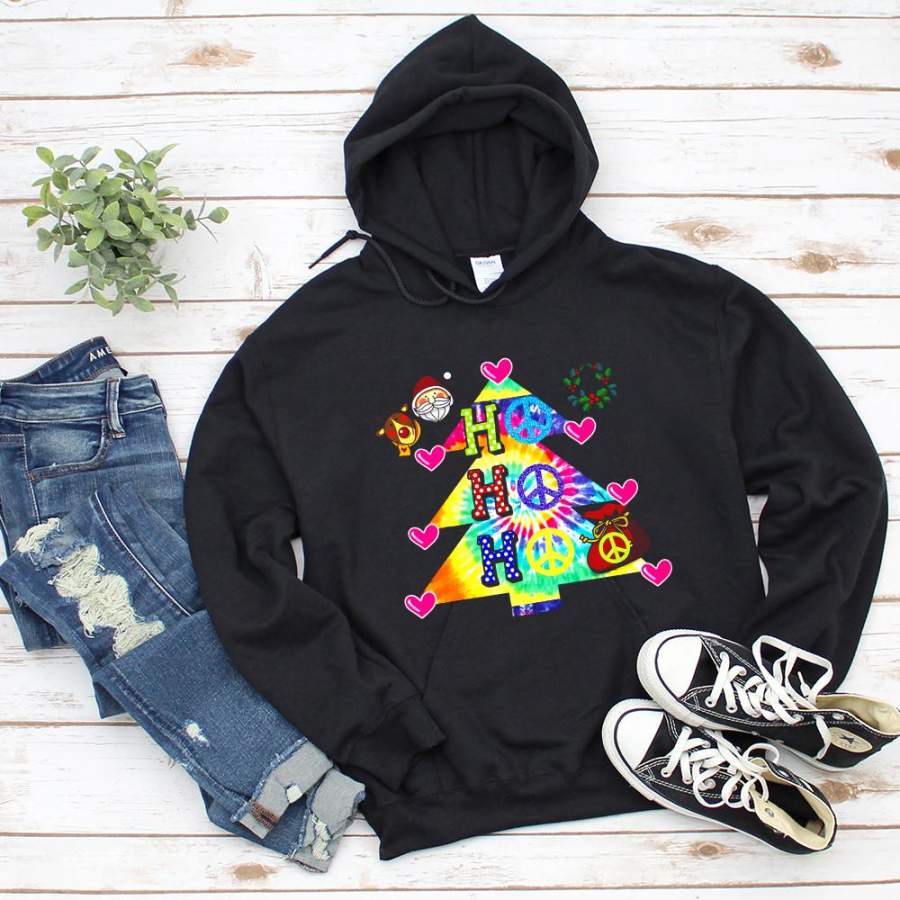 Hippie christmas tree ho ho ho decord by pink heart black hoodie for men and women S-5XL