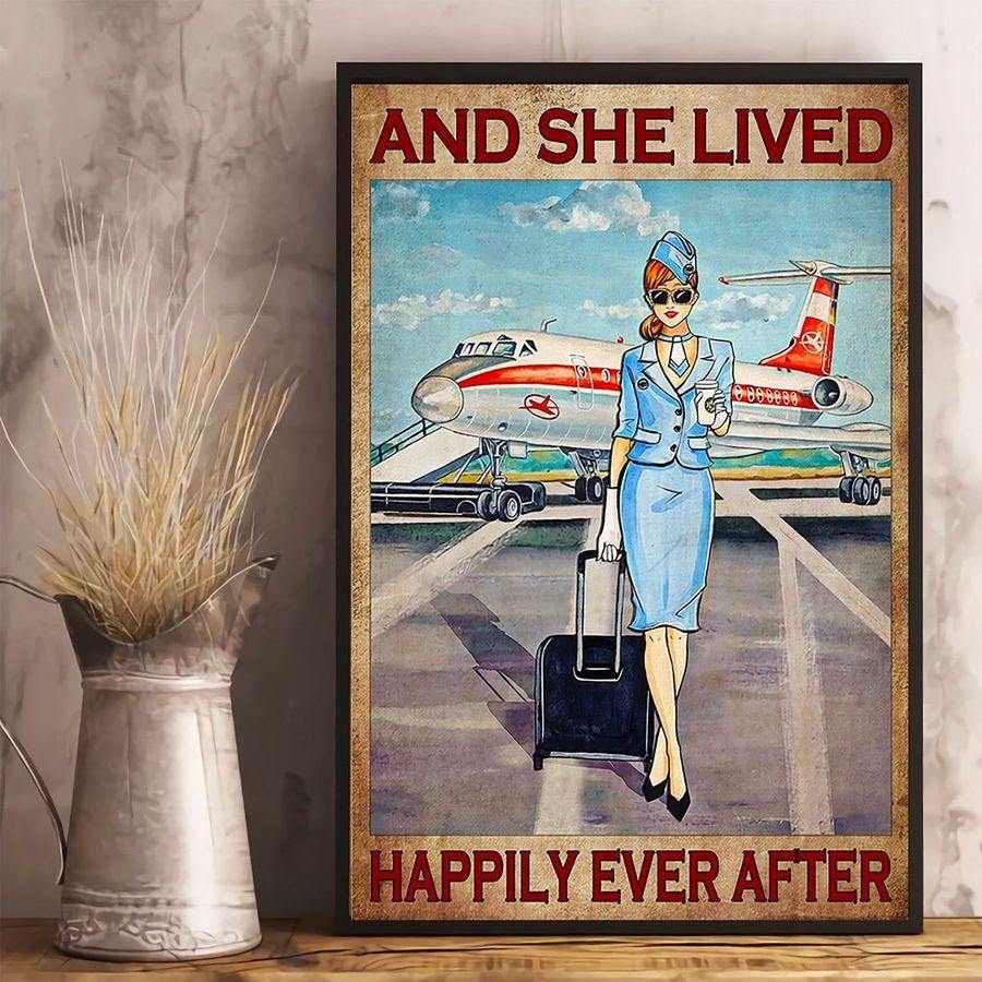 And She Lived Happily Ever Flight Attendant Cabin Crew – Best Idea Gift , Gift For Home Decor, Gift For Family – Horizontal Canvas Matte Canvas Wall Art