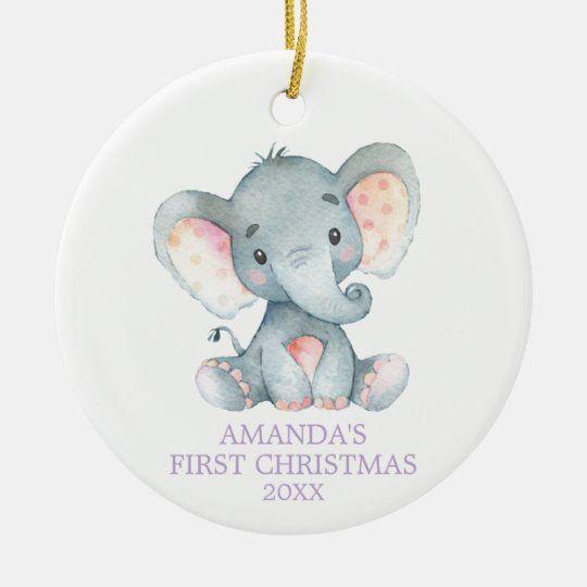 Personalized Ornament Cute Elephant Baby Girl First Christmas Purple Customized Ceramic Circle Ornament 1 – 2 Sided