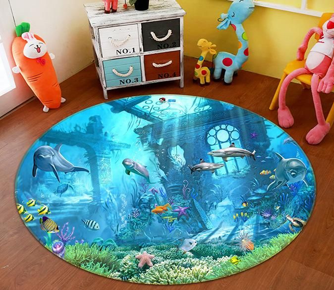 3d Dolphin Shipwreck 033 Round Rug Home Decor