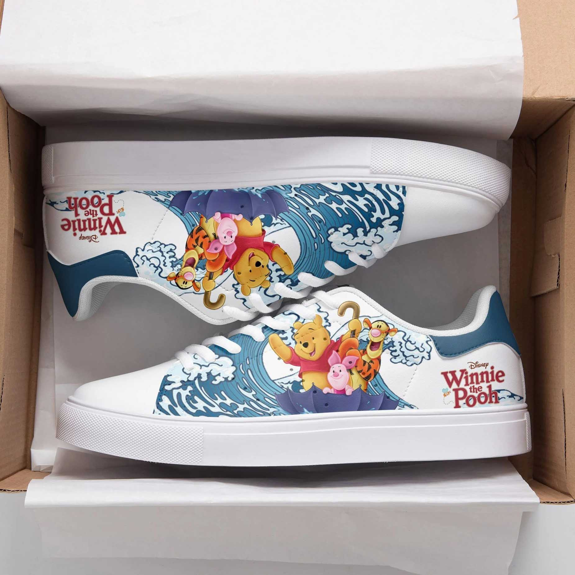 Winnie The Pooh Family Cartoon Surfing Low Top Leather Skate Shoes Sneakers For Man And Women