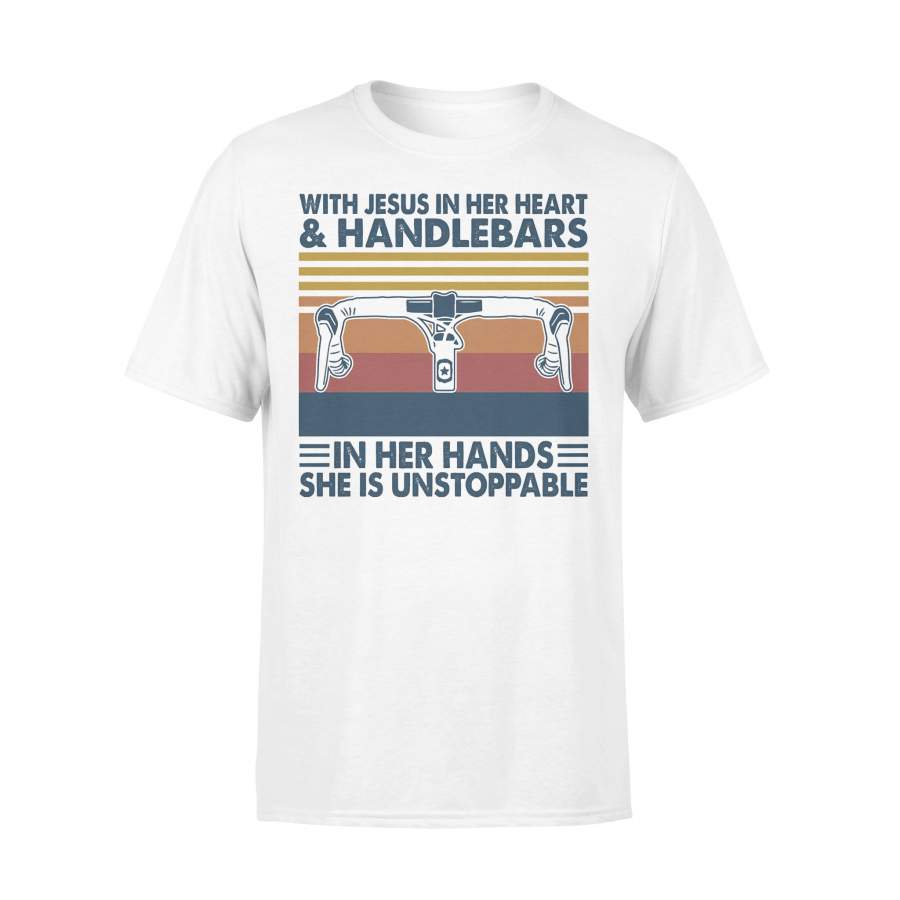 Bicycle With Jesus In Her Heart And Handkebars In Her Hands She Is Unstoppable Vintage Retro T-shirt