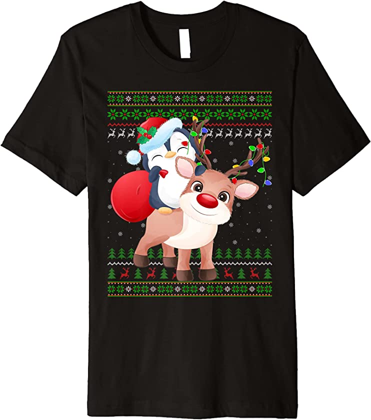 Penguin Bird Lover Xmas Lights Ugly Santa Penguin Christmas Premium T-Shirt