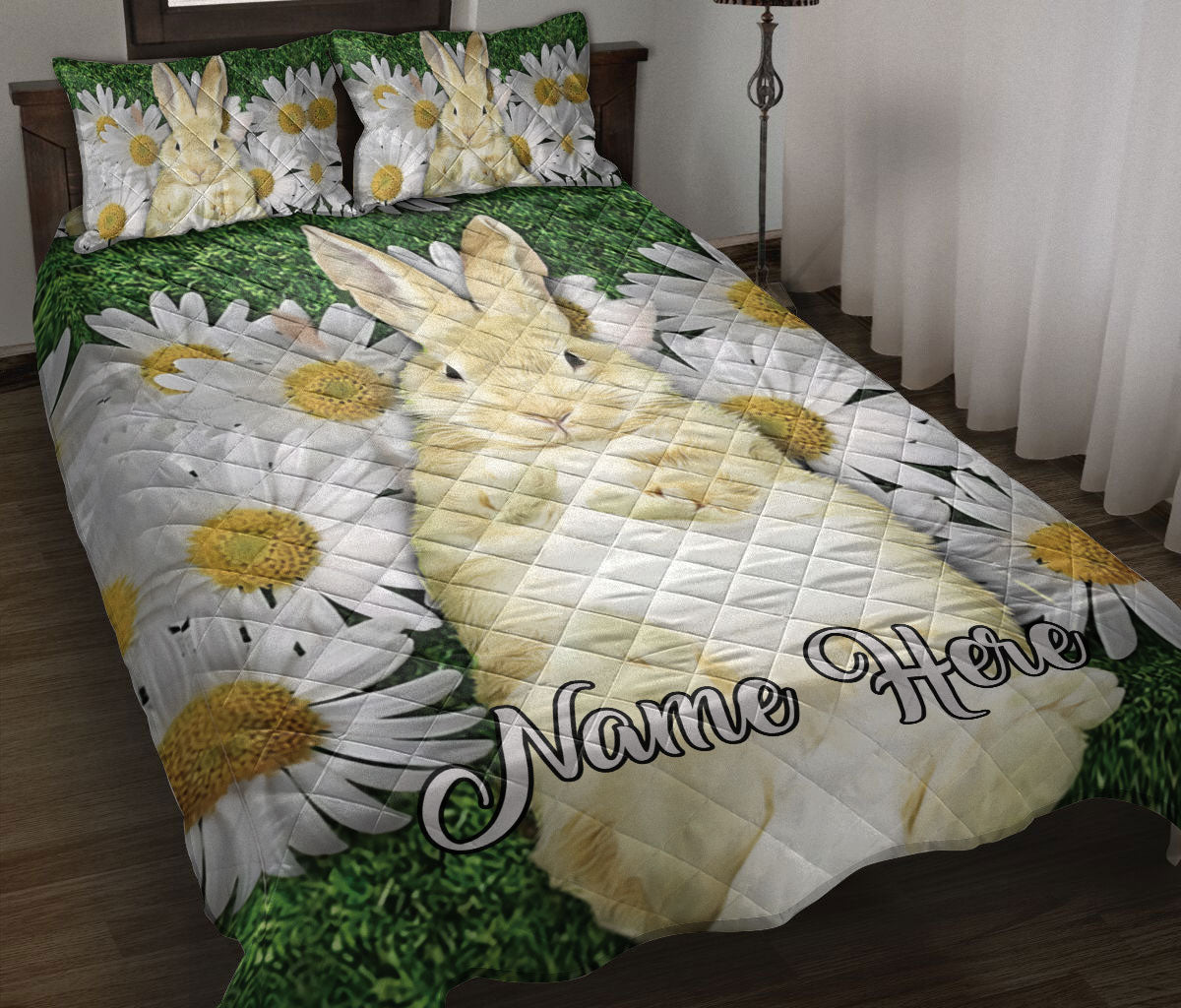 Personalized Rabbit Quilt Set, Cute Rabbit Bunny With Daisy Flower Floral Quilt Blanket With Pillowcases, Custom Name Quilt Bedding Set