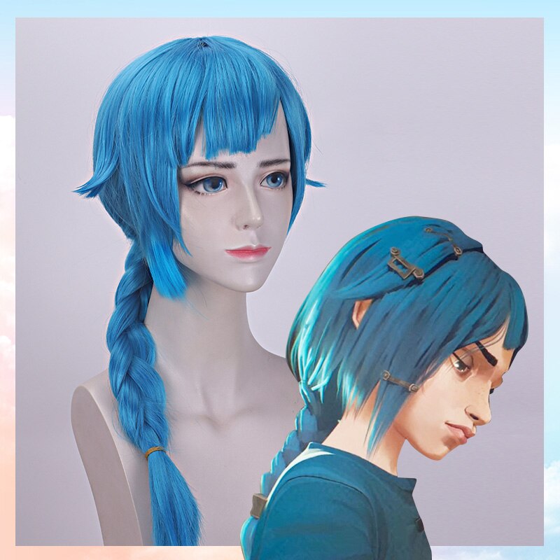 Anime LOL Arcane The Loose Cannon Young Jinx Powder Cosplay Wig Blue Braided / Short BOB Halloween Carnival Party Synthetic Hair alx