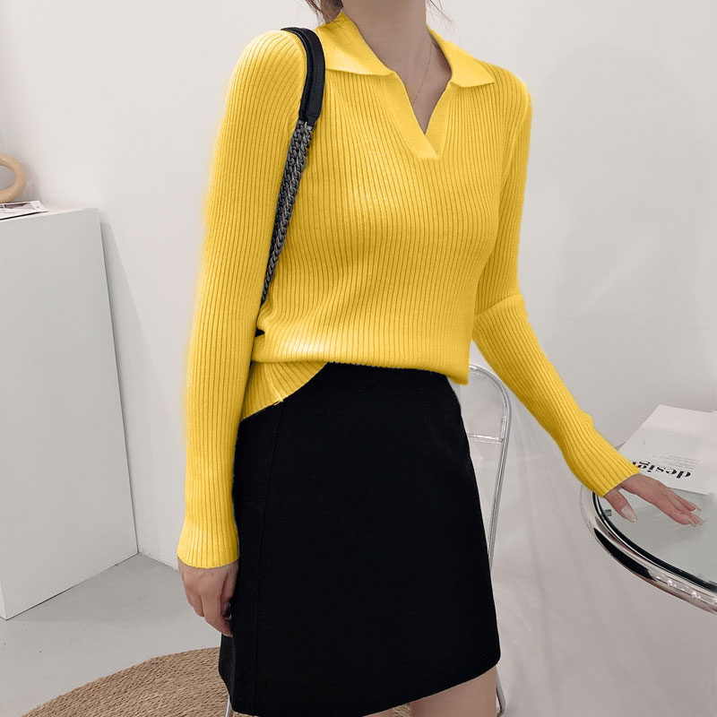 2022 New Lapel Polo Neck Knitted Bottoming Top Women’s Autumn Winter Solid Color Base All Match Causal Sweater For Fashion alx