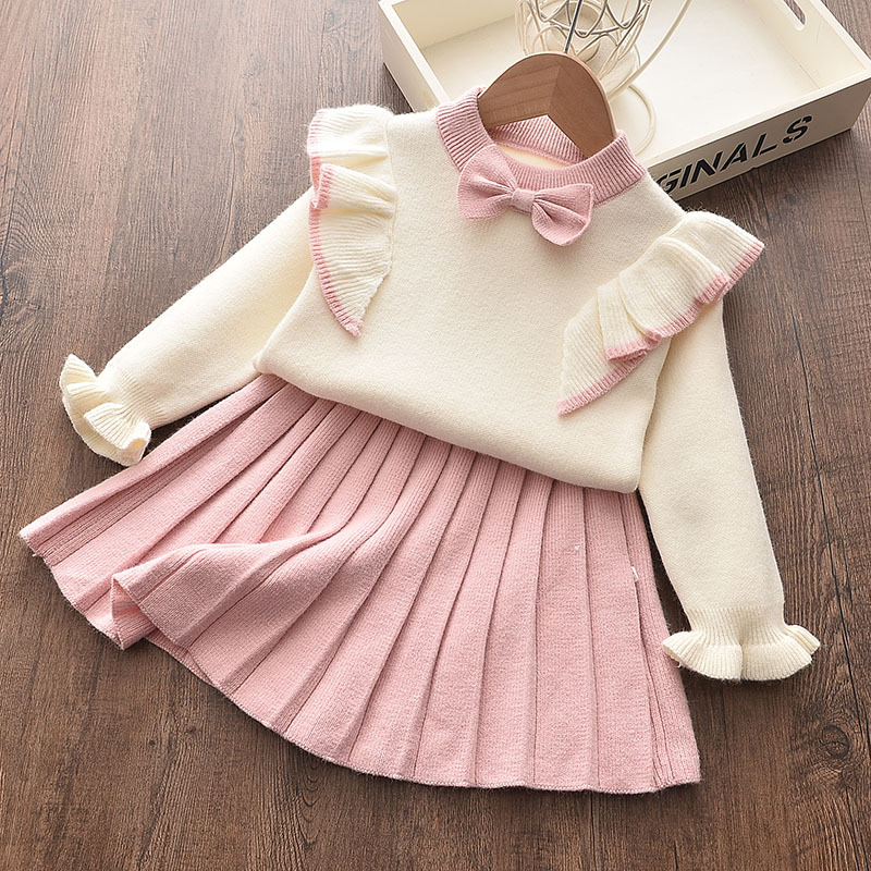 Baby girl clothes winter knitted sweater two-piece cherry bow cute sweater baby sweater dress warm baby girl sweater suit skirt alx