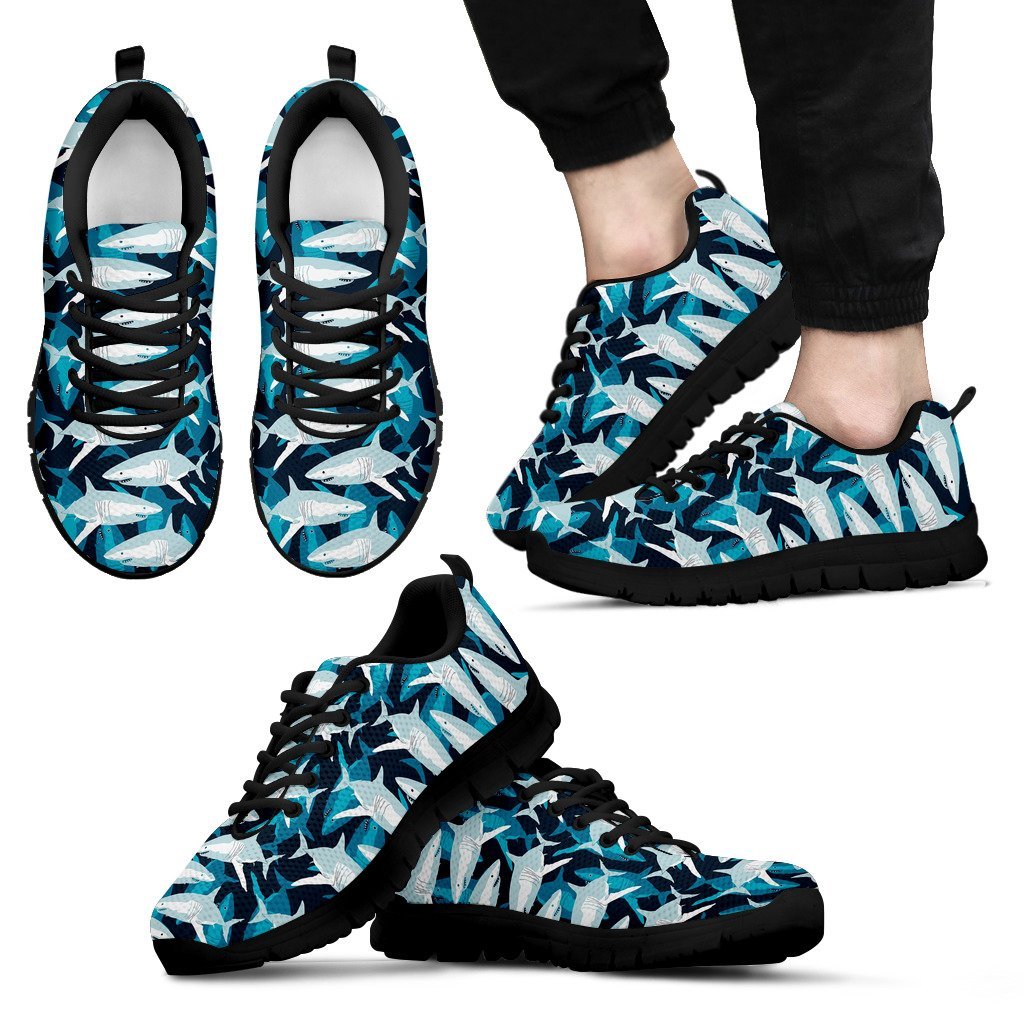 Circling Shark Pattern Print Black Sneaker Shoes For Men Women