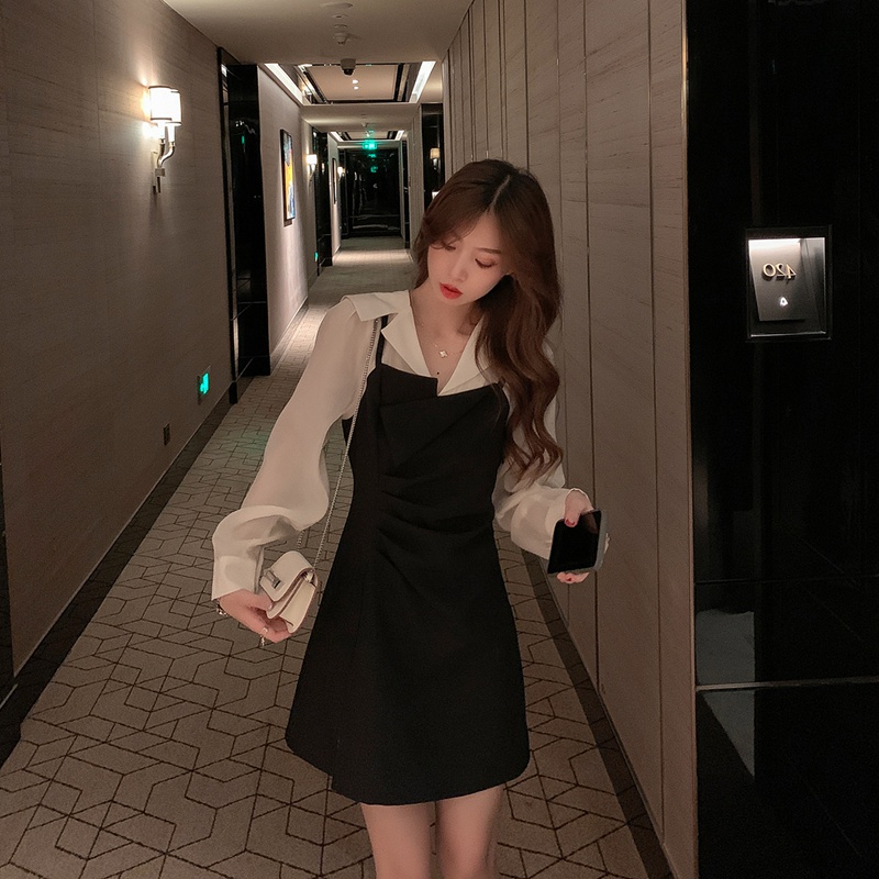 Vintage Elegant Dress for Women Patchwork Long Sleeve Office Lady Dress Female Slim Black One Piece Dress Korean Summer 2021 alx