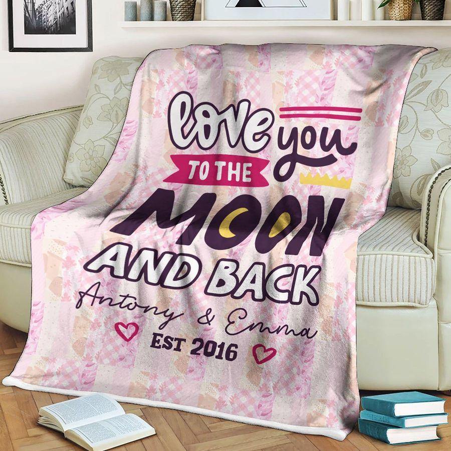 [Personalized Name & Date] Heart Love You To The Moon And Back –  Best Idea Gift For Couple, Gift For Home Decor, Gift For Family  – Custom Fleece Blanket