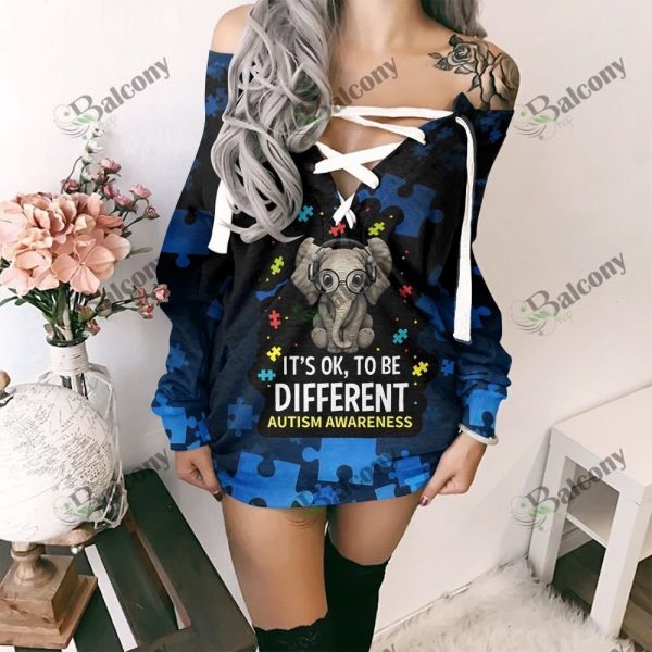 It’S Ok To Be Different Elephant Autism Lace Up Sweatshirt For Women Autism Awareness Shirts Clothing Gifts Ht