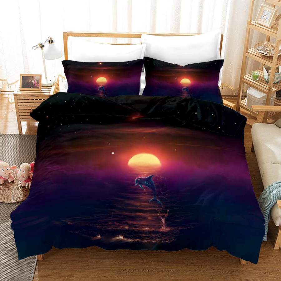 3D Blue Sky Sunset Dolphin Quilt Cover Set Bedding Set Pillowcases 6