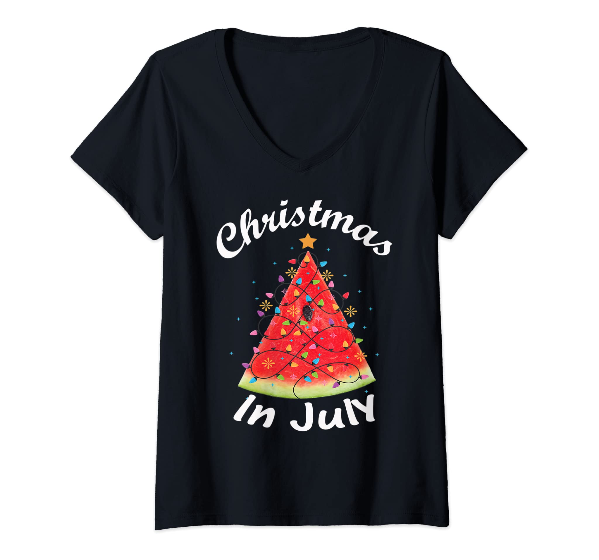 Womens Christmas In July T-Shirt Melon Christmas Tree Summer Shirt V-Neck T-Shirt