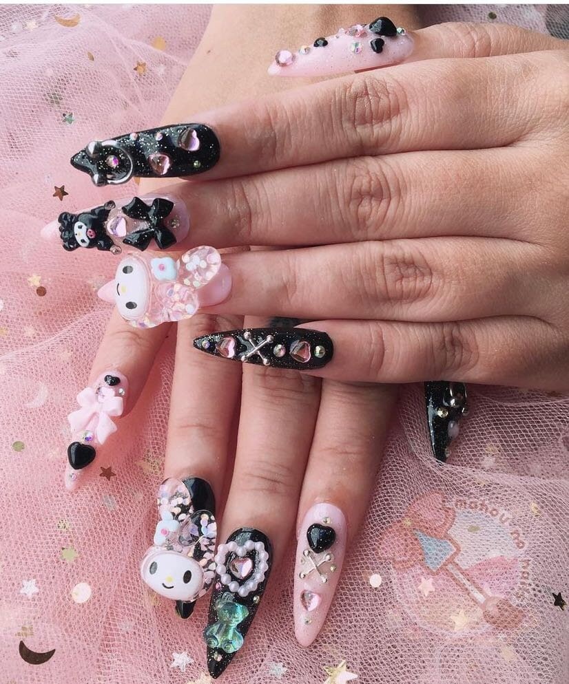 Cute Pink and Black Melody Press On Nails/ Melody Nail/s Bunny Nails/ Cute Nails/ Japanese Nails/ Kawaii Nails/ Handmade Nails #285