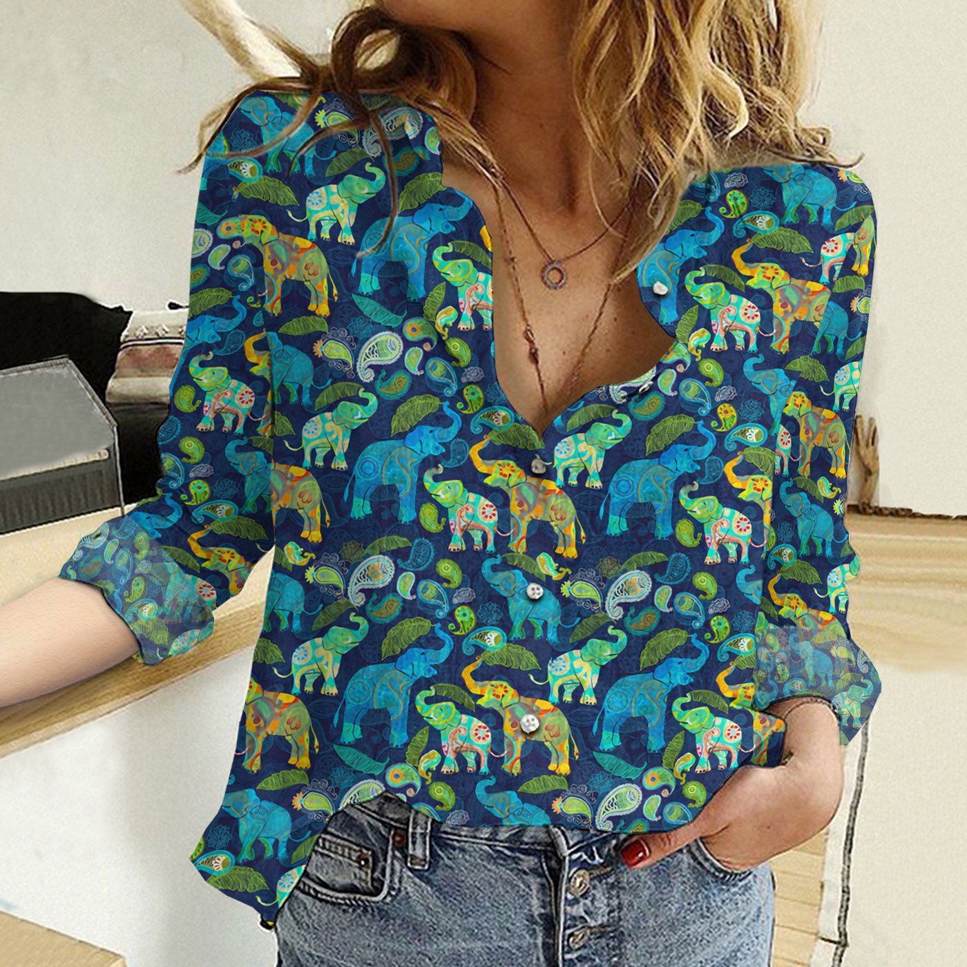 Animal Cotton And Linen Casual Shirt, Asian Elephants Casual Shirt