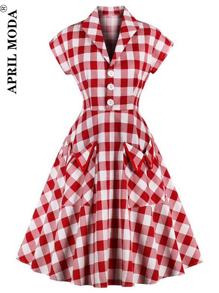 2022 England Style Summer Casual Swing Dress Plaid Printed Red Turn Down Collar Cotton Retro Vintage Pinup Rockabilly Sundress alx