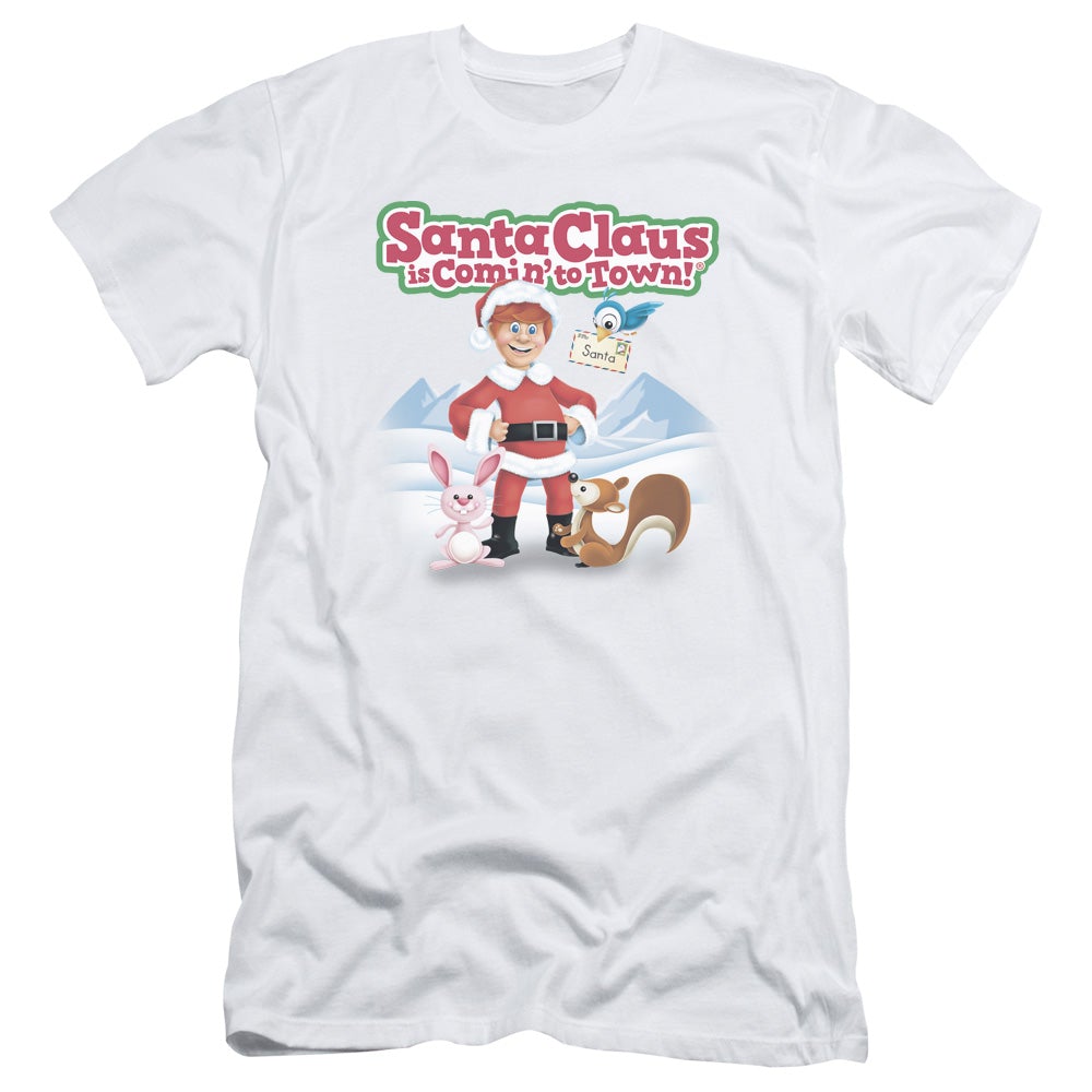 Santa Claus Is Comin To Town Animal Friends Slim Fit Mens T Shirt White