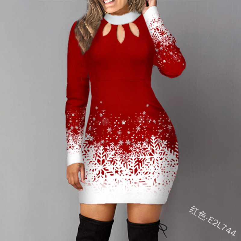 Women Jumper Sexy Slim High Waist-pack Hip Mini Short Bottoming Christmas Print Autumn And Winter Round Neck Long Sleeve Dress alx