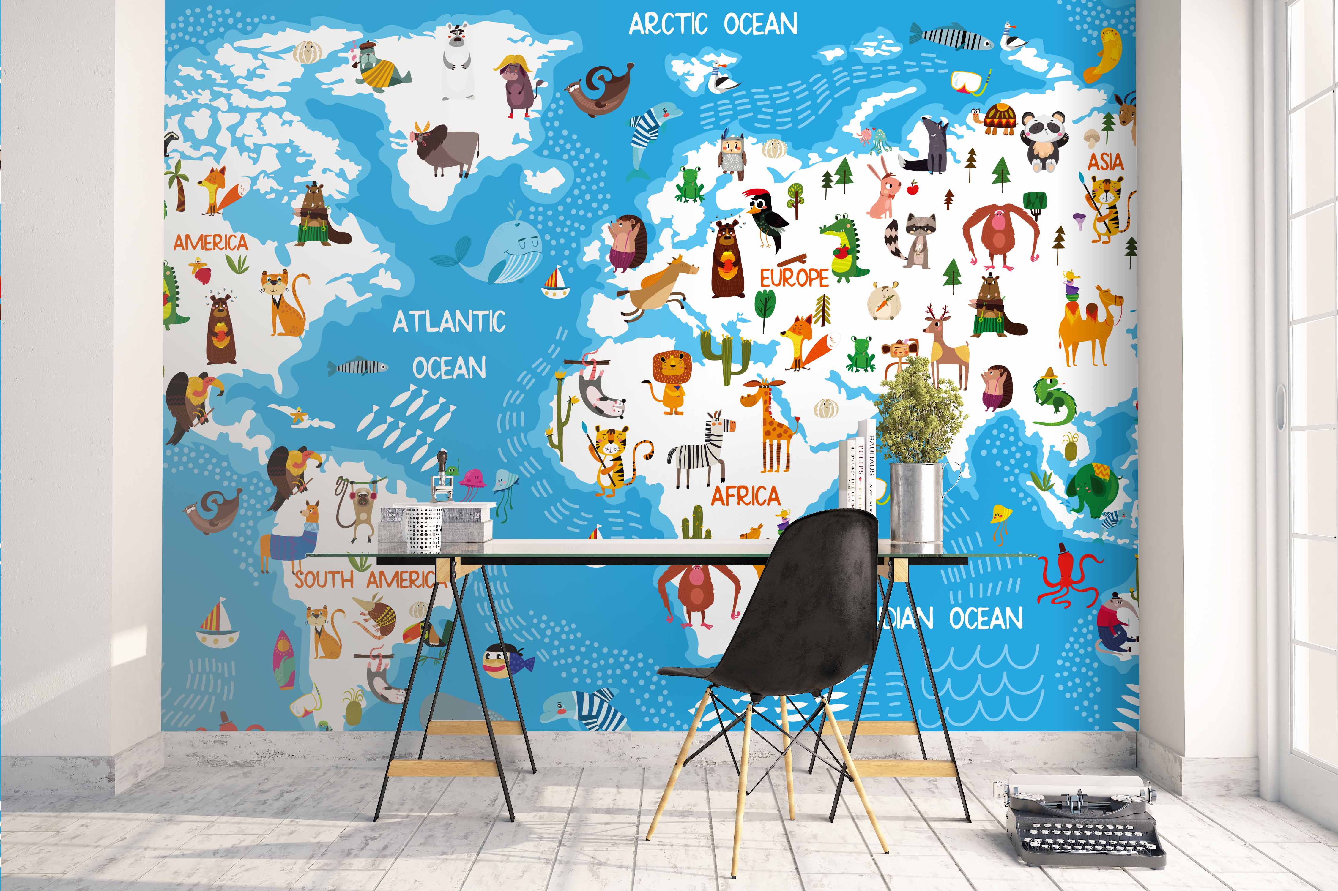 3D Blue Animals World Map Wall Mural Wallpaper 27