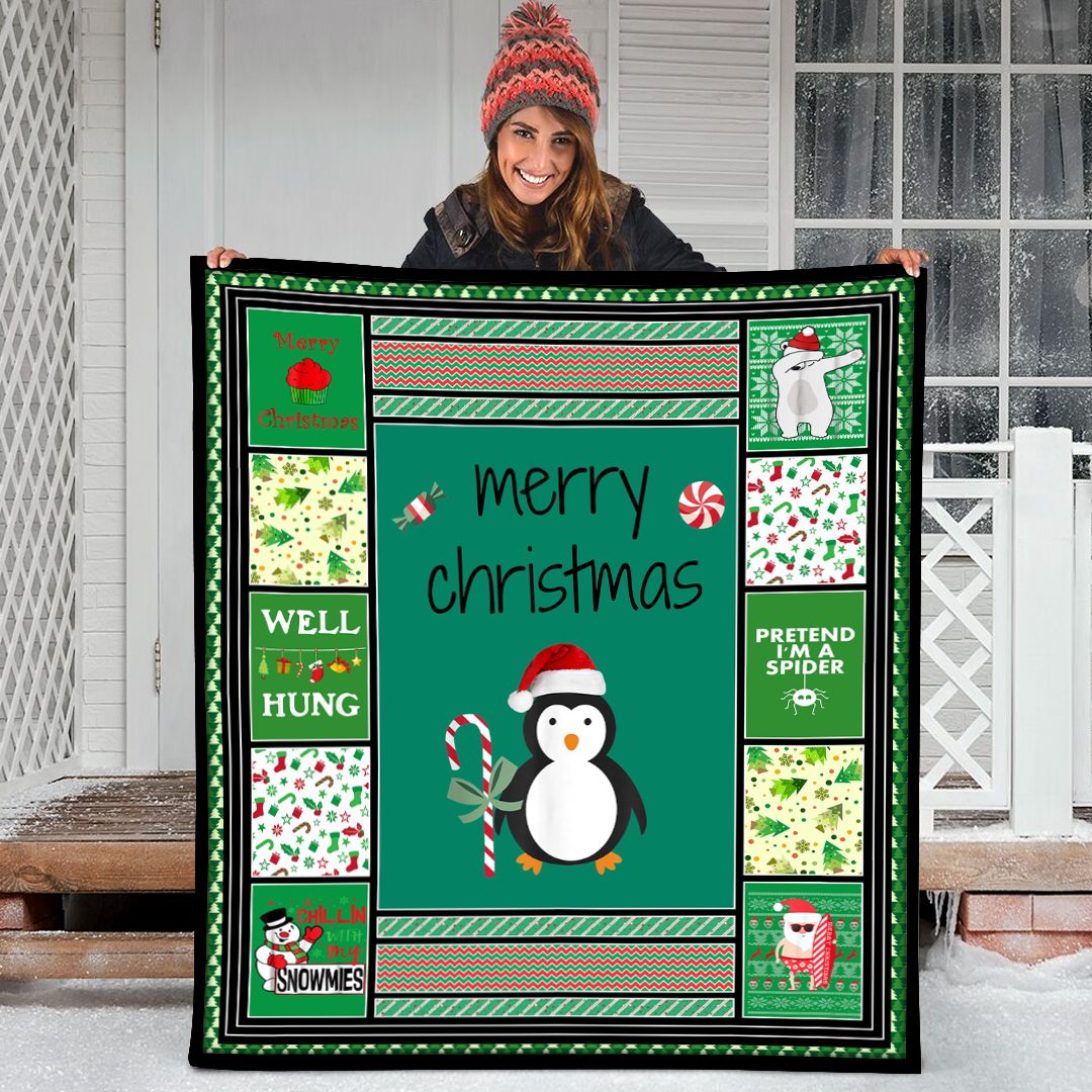 Merry Christmas With A Penguin Holding A Candy Cane- Green Color Fleece Blanket Small Medium Large X-Large